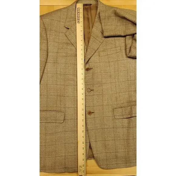 Canali Hopsack Blazer Size 42 Wool Silk Blend Brown Windowpane Plaid 3 Button